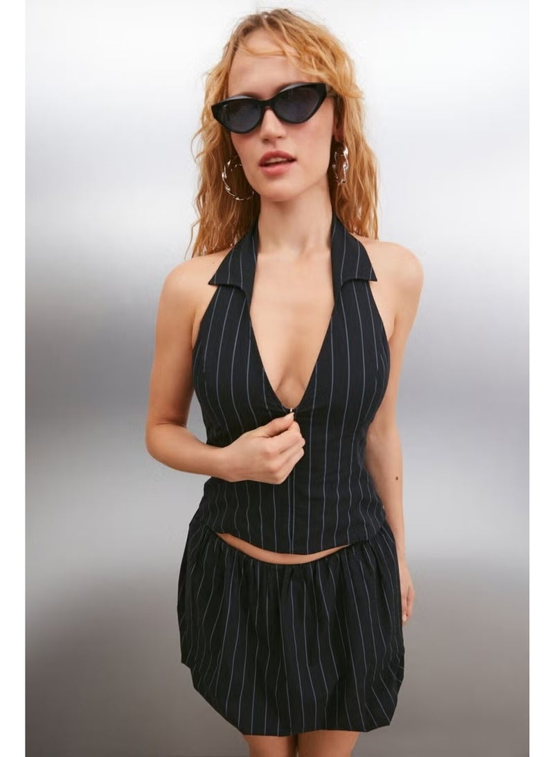 GRIMELANGE Karina Women Sleeveless Jacket Collar Front Zippered Back Open Black - Gray Blouse - Image 2